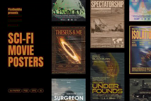 Sci-fi movie posters collection for designers featuring futuristic graphics and templates. Includes A4 paper, PSD, EPS, AI formats for creative projects.