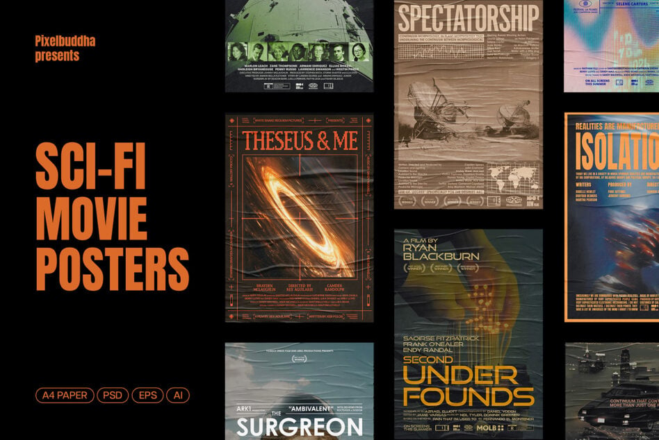 Collection of sci-fi movie posters featuring orange text, galaxy imagery, ships