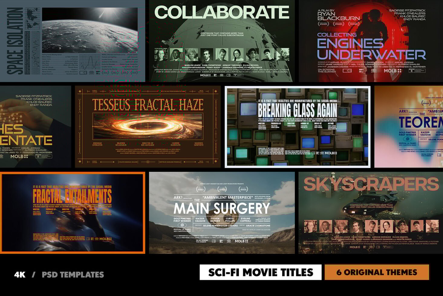 A collection of 4K PSD templates for sci-fi movie titles, featuring diverse themes and designs for use in graphic projects by professional designers.