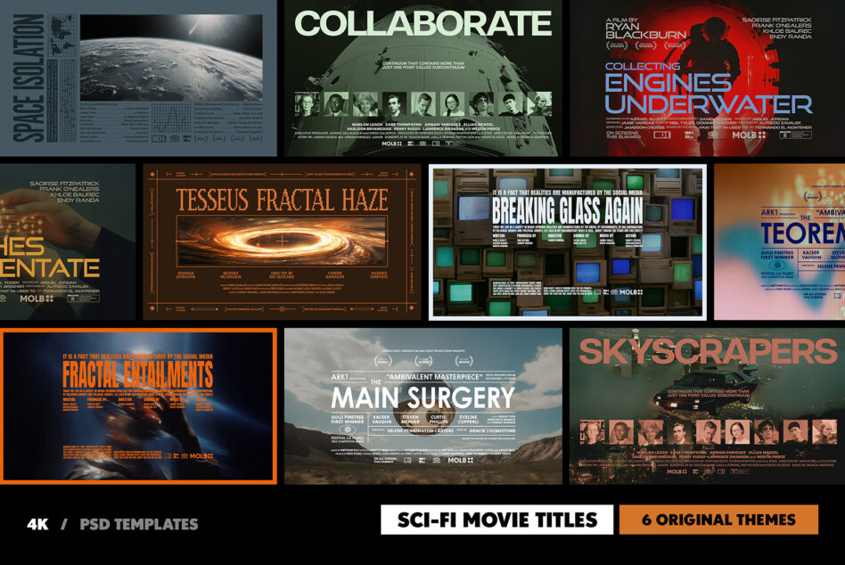 Twelve 4K PSD sci-fi movie title templates showing various design styles, 6 original themes included