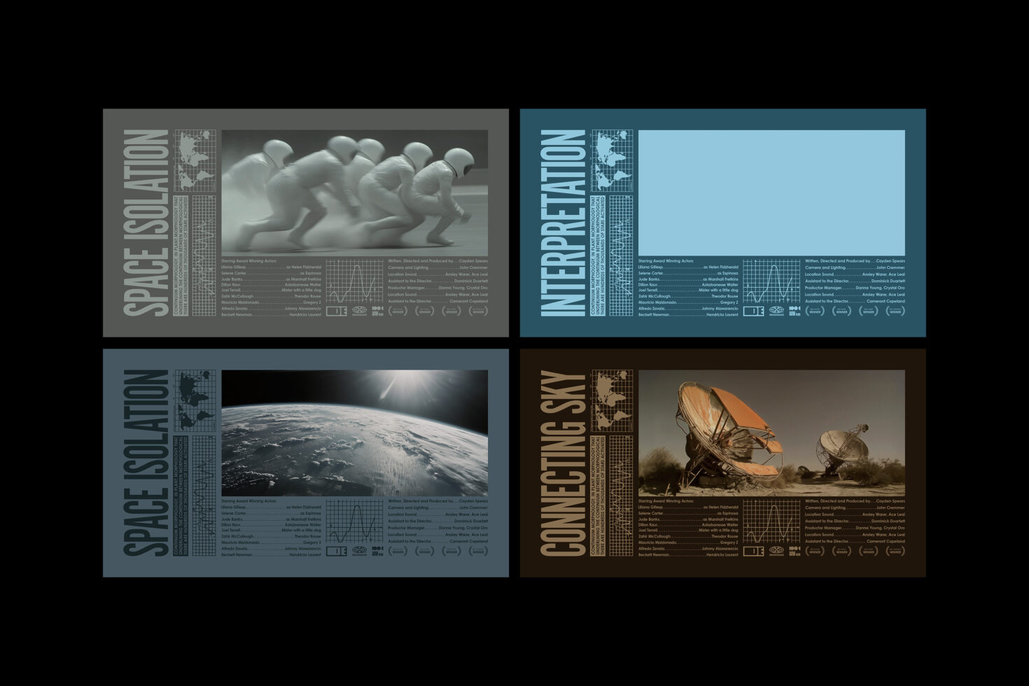 Set of four futuristic design templates featuring space themes. Ideal for digital creatives, mockups, graphics, web designers. SEO: space design, templates.