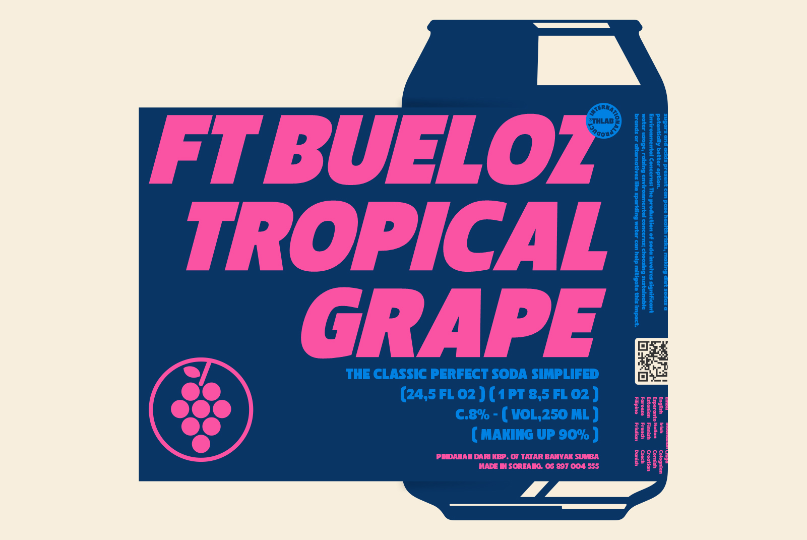 Navy can mockup with hot pink text for tropical grape soda branding