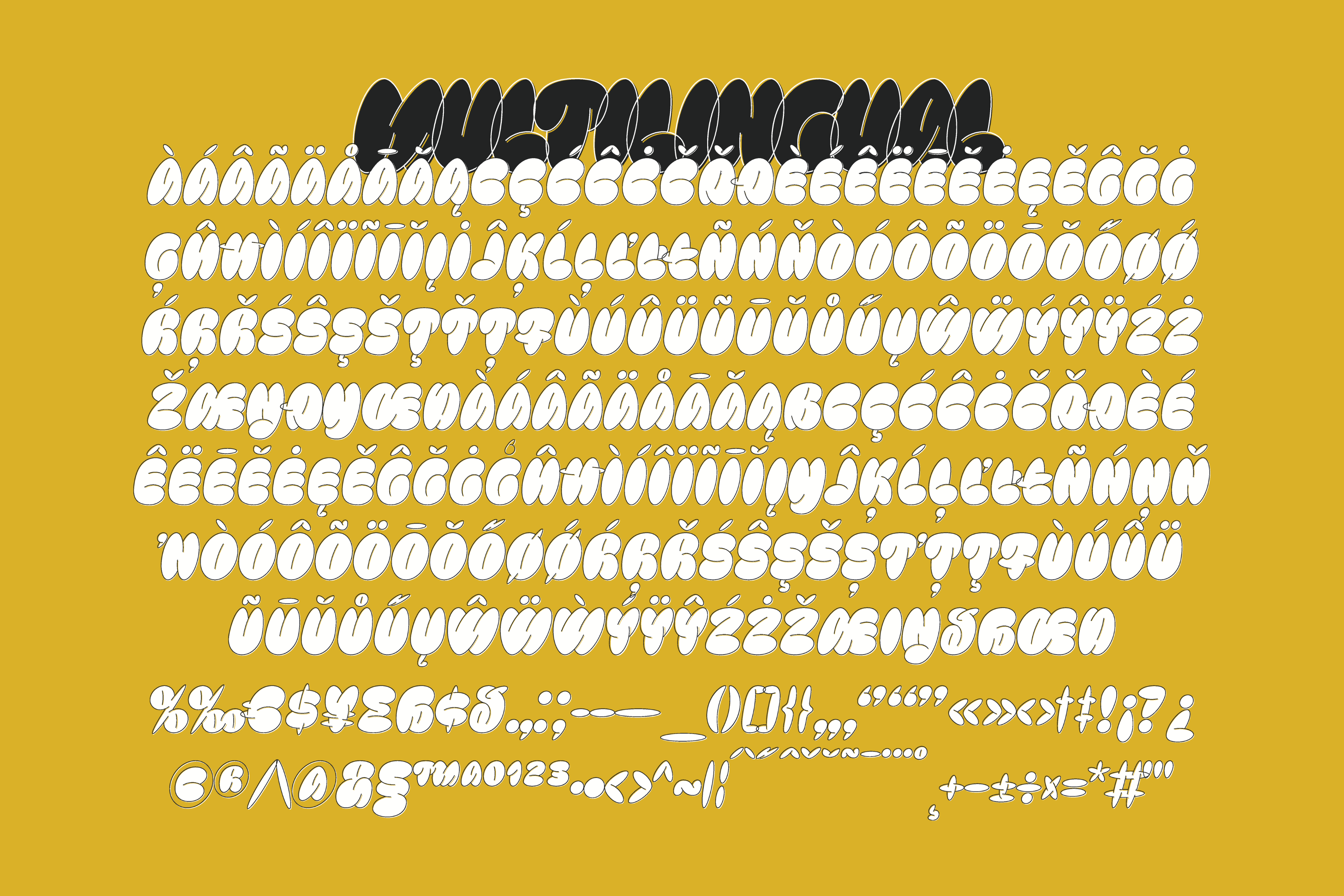 Multilingual font set with bold stylized letters and symbols. Ideal for graphic designers. Perfect for creating unique templates and mockups.
