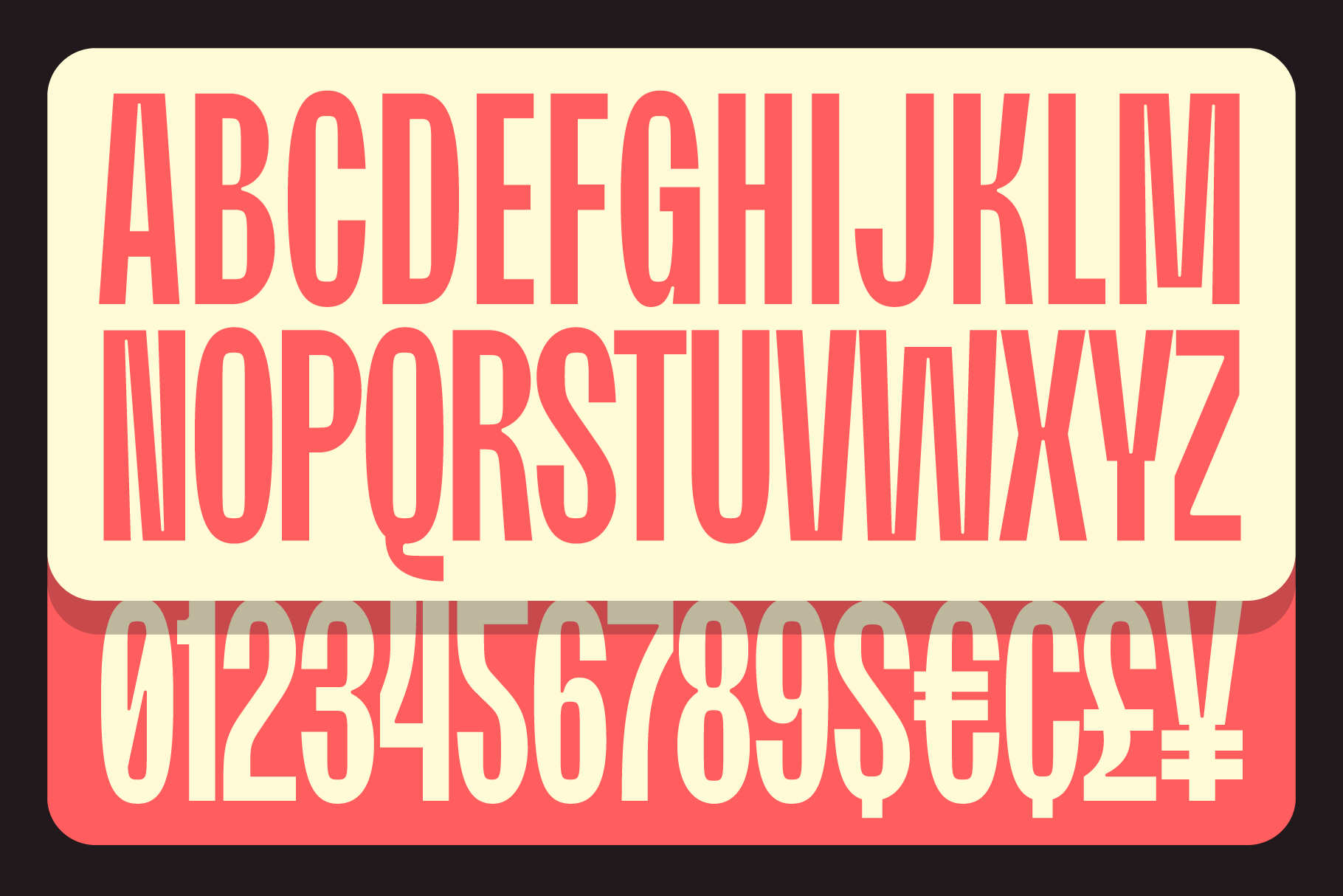 Bold retro font featuring uppercase letters and numbers in a red and beige color scheme. Ideal for typography design projects and creative templates.