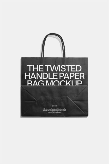Black paper bag with twisted handles, white text reads twisted handle paper bag mockup