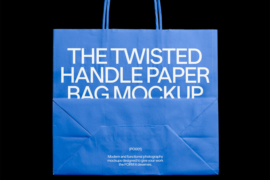 Bright blue shopping bag with twisted cord handles against black background, white text