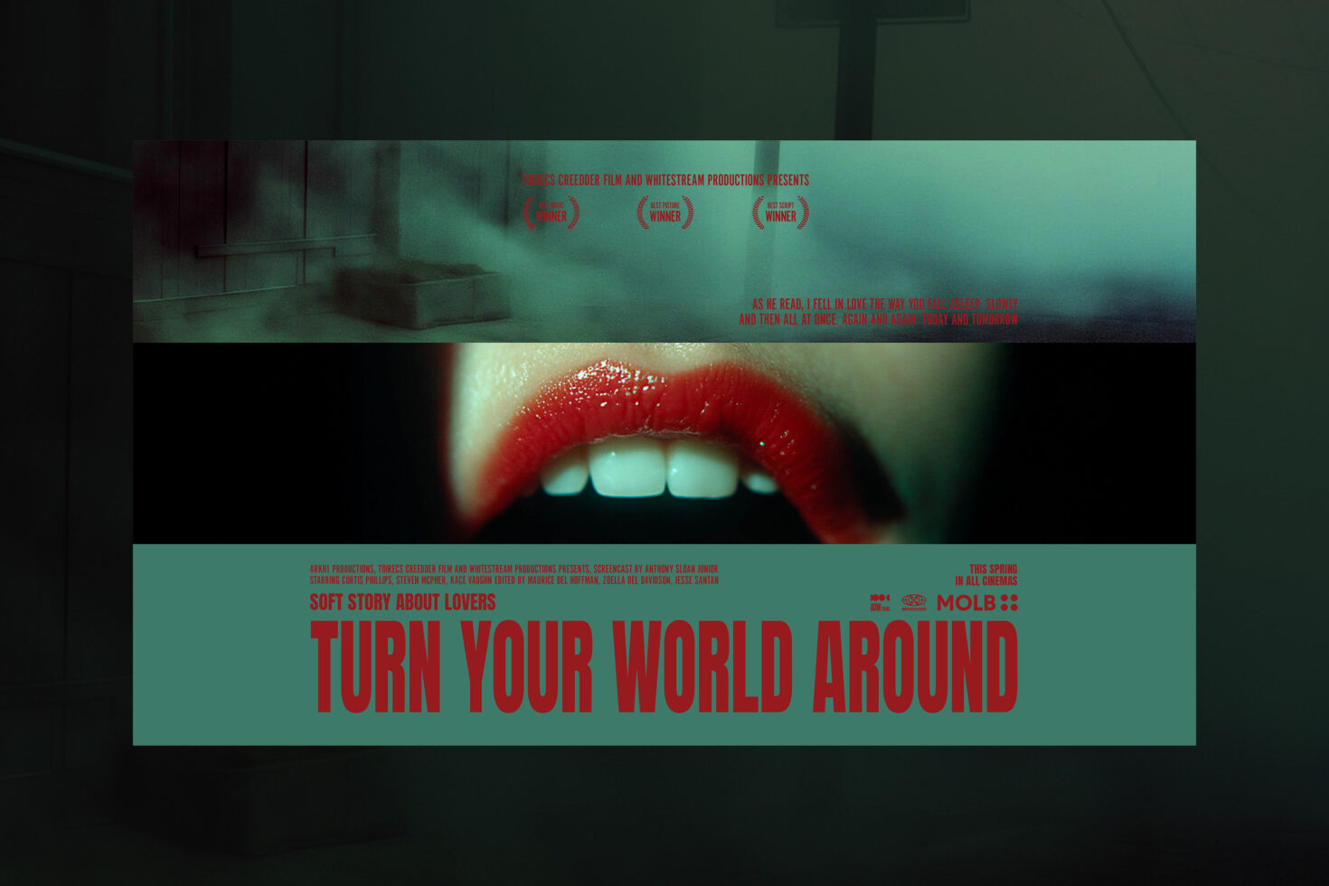 Movie poster featuring bold text Turn Your World Around below a close-up of bright red lips. Cinematic design, vintage movie theme, poster mockup.