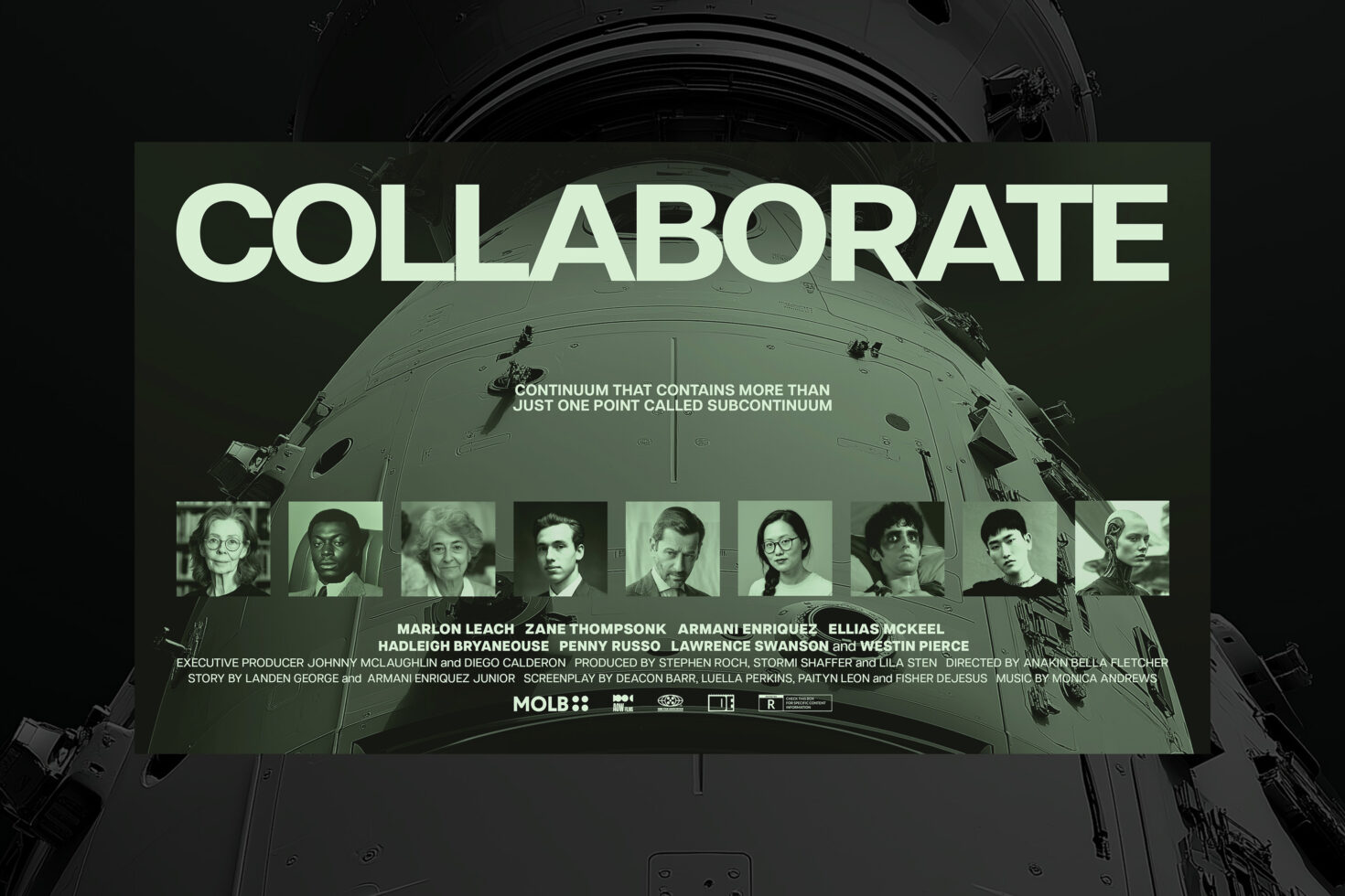 Collaboration concept poster featuring diverse individuals in green hues with a futuristic theme. Suitable for graphic design templates and creative projects.