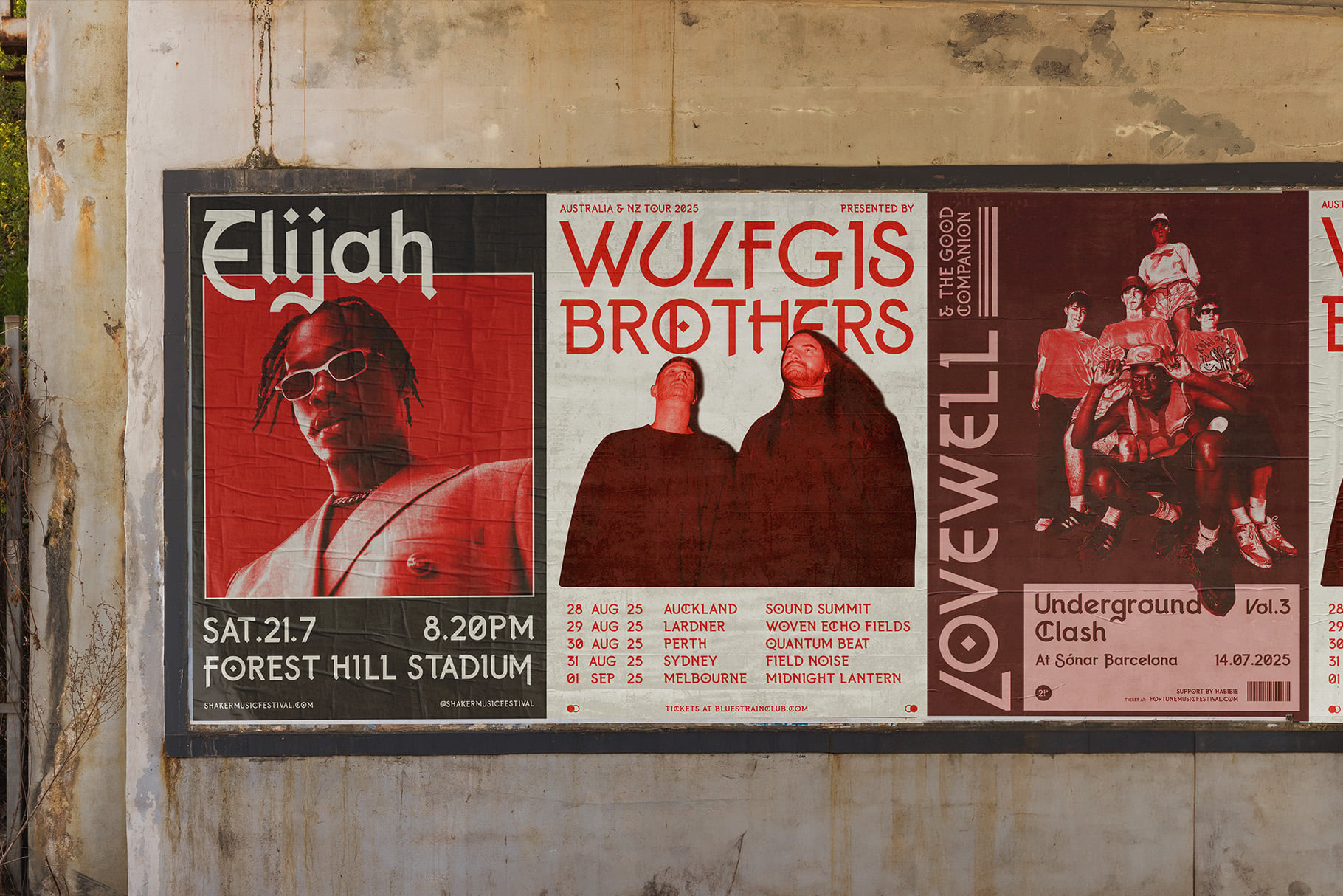 Street posters for Elijah, Wulfgis Brothers, Underground Clash events on weathered wall