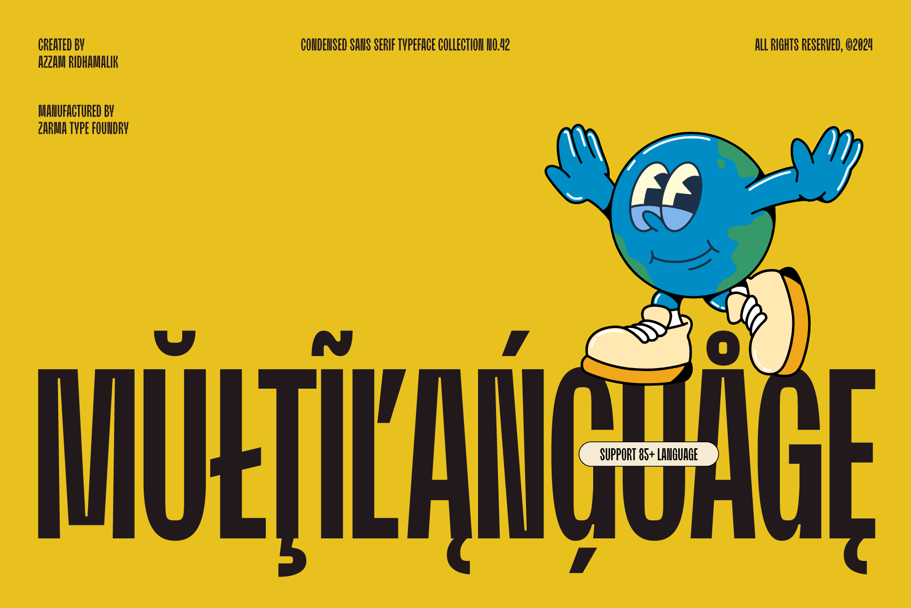 Bold yellow background showcasing a playful globe mascot with eyes and sneakers. Multilingual typeface design with bold sans serif letters ideal for templates.
