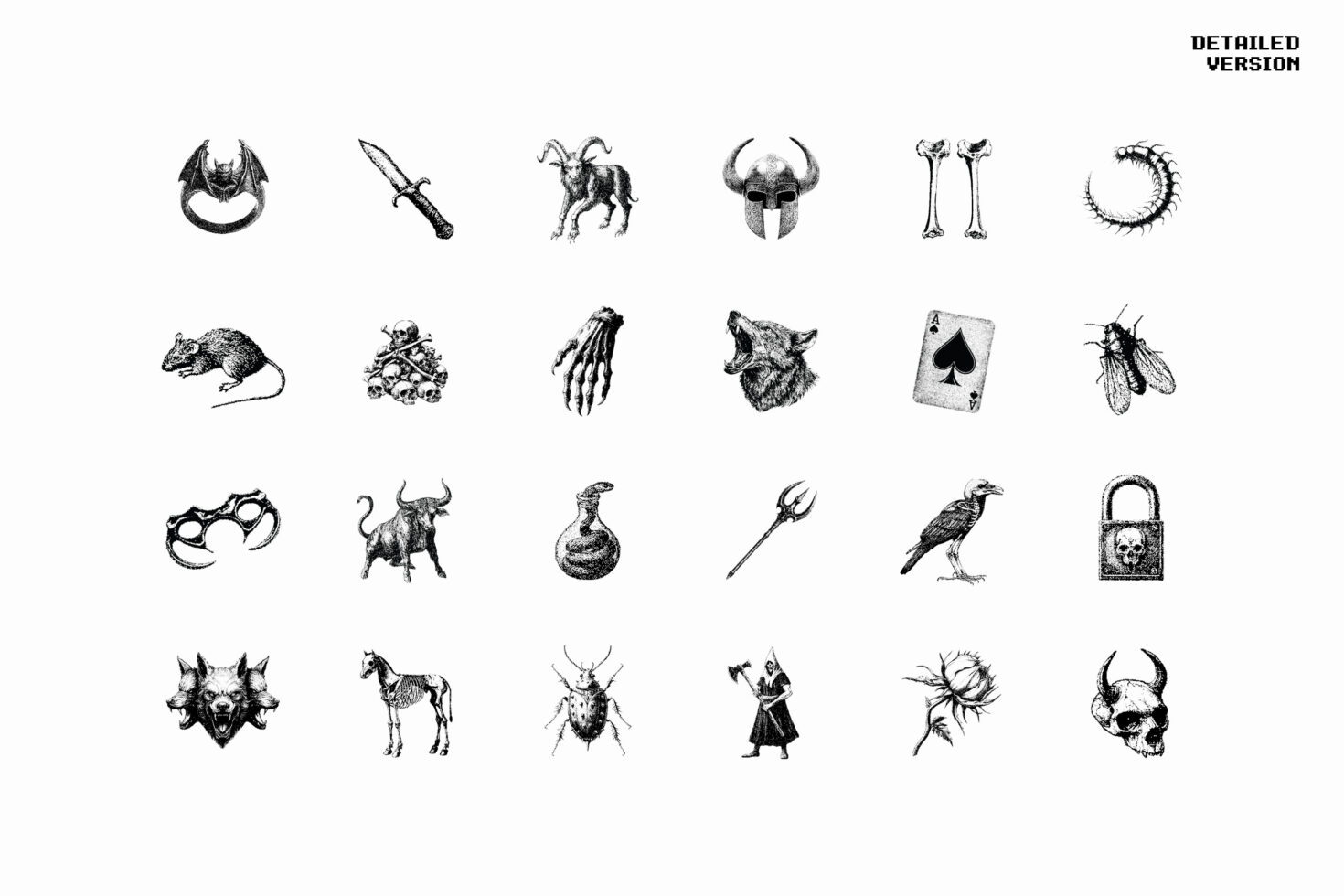 Vintage tattoo flash pack features 25 monochrome illustrations including skulls animals and weapons perfect for designers graphic assets templates.