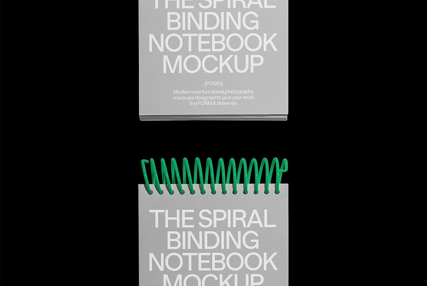 Spiral-bound notebook mockup with green coil on black background perfect for showcasing design portfolios stationery graphics high-resolution template.