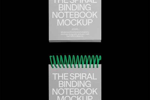 Spiral-bound notebook mockup with green coil on black background perfect for showcasing design portfolios stationery graphics high-resolution template.