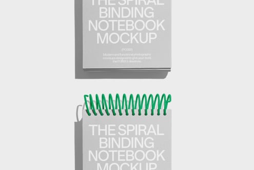 Spiral notebook mockup with green binding on a light background perfect for showcasing design presentations ideal for designers searching for mockup templates