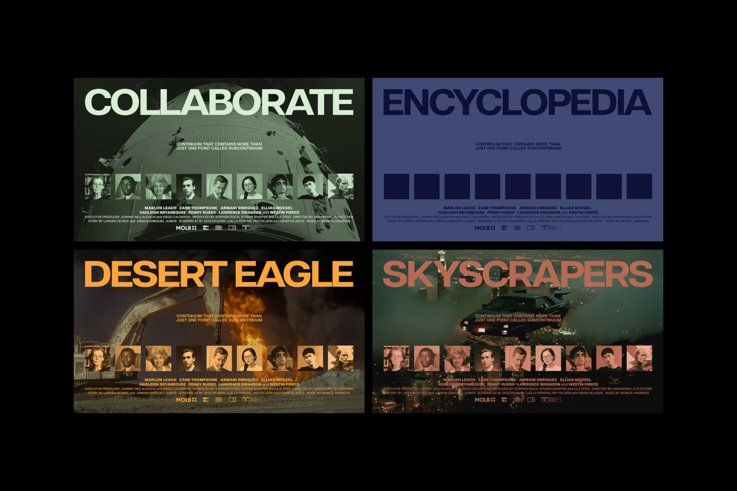 Four scaled movie posters with titles Collaborate, Encyclopedia, Desert Eagle, Skyscrapers; creative template for designers in graphic design, mockups.