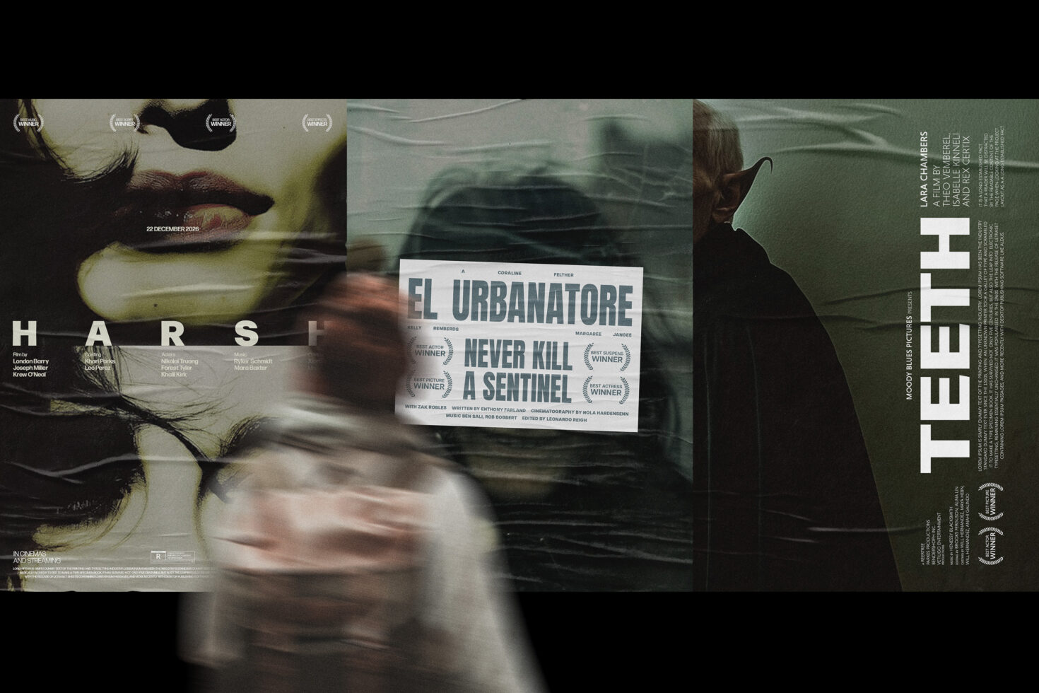 Street urban movie posters template with a blurred figure walking by; textured, versatile for mockup designs; ideal for designers, advertising, branding.
