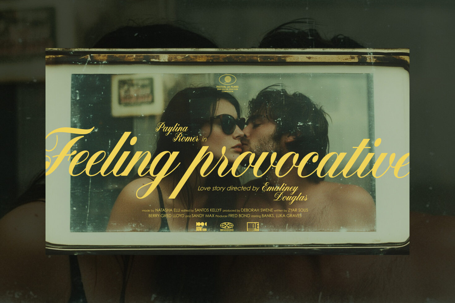 Romantic movie poster mockup featuring a couple in an intimate moment. Elegant script fonts, cinematic design, ideal for film promotions and design projects.
