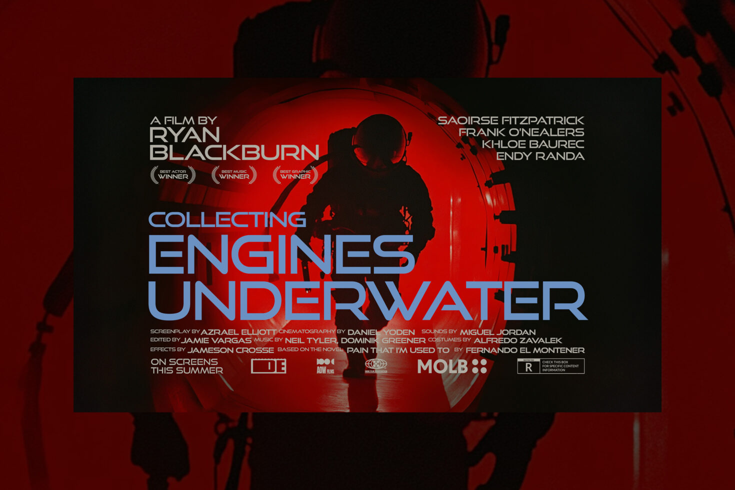 Sci-fi movie poster mockup with red background featuring silhouetted figure in helmet with futuristic font design ideal for graphic designers and templates.