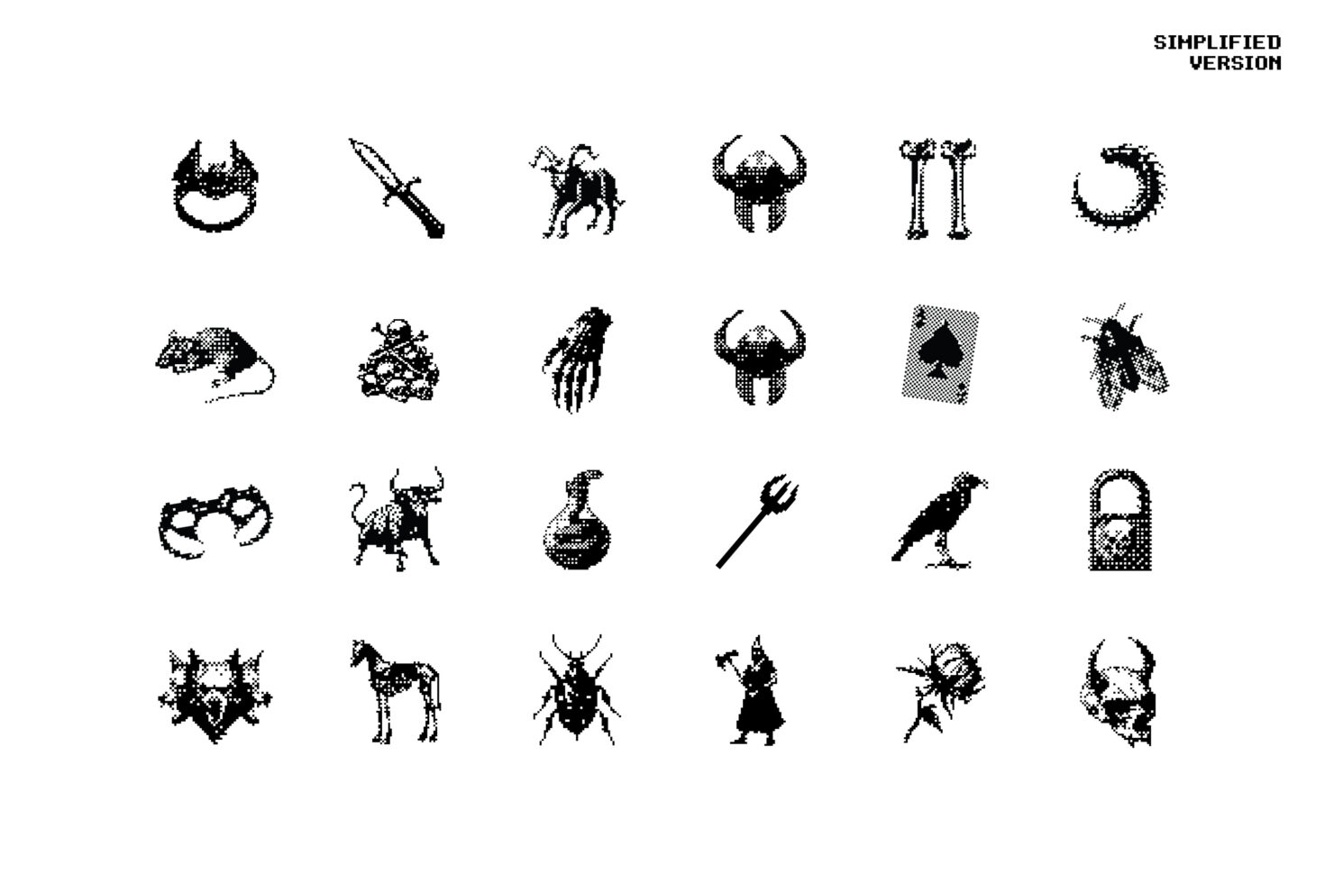 Pixel art style icon set featuring skulls daggers bull crow monsters insects and skeletons ideal for graphic design templates and digital assets.