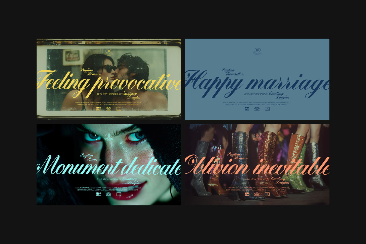 Collage of four movie posters featuring stylish cursive fonts with bold titles. Each design conveys a different theme. Perfect for graphic designers.