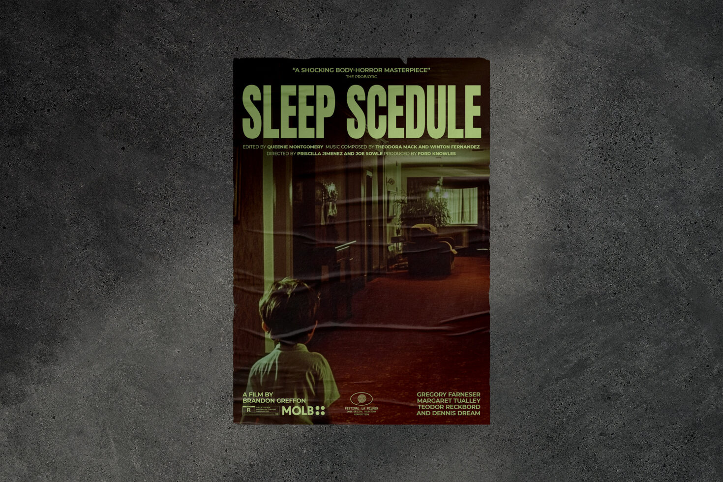 Horror movie poster mockup featuring a dimly lit living room view with a child. Perfect for graphic designers creating thriller film promotions.
