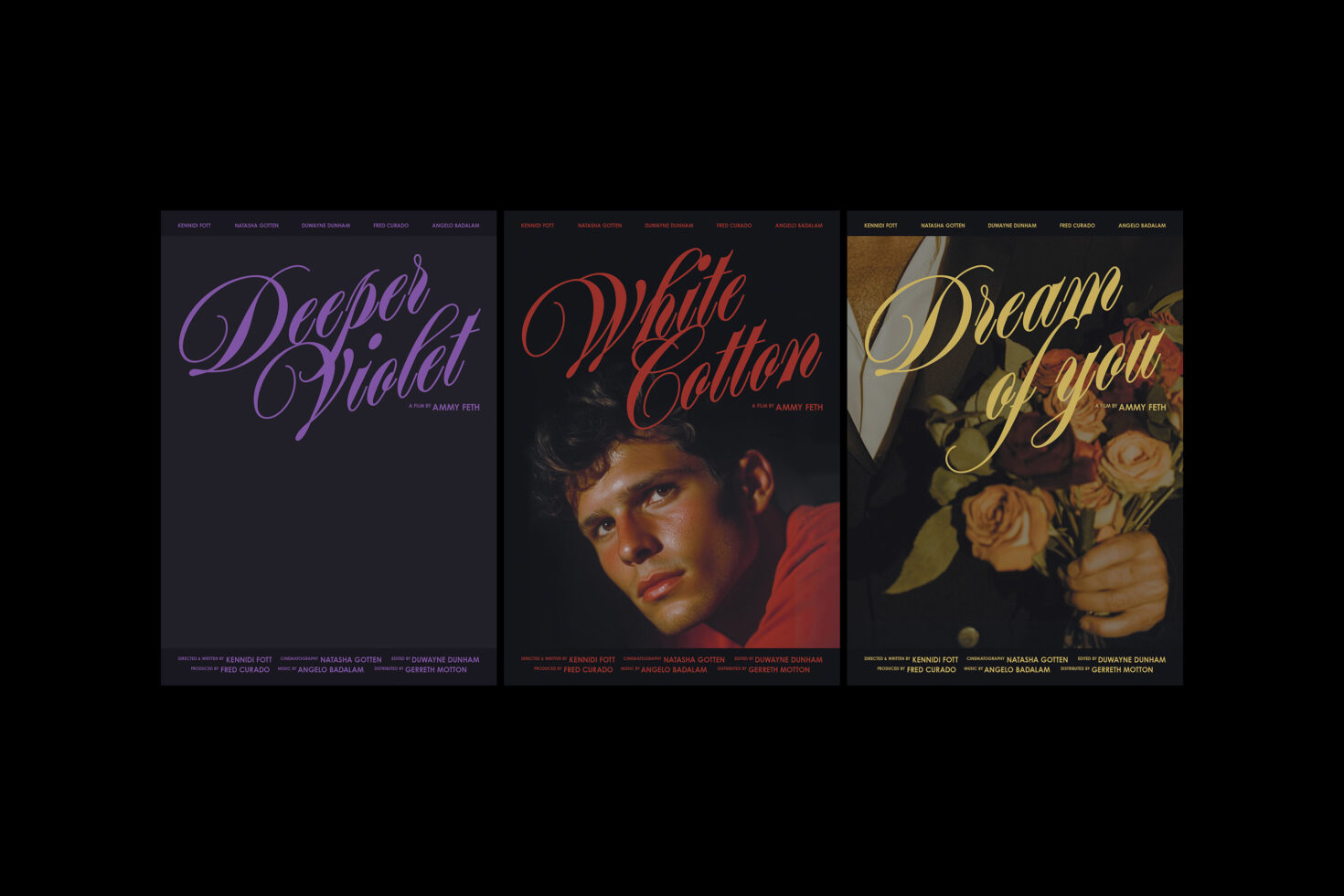 Trio of elegant movie poster templates displaying bold serif fonts and dramatic visuals. Ideal for designers seeking stylish graphic assets.