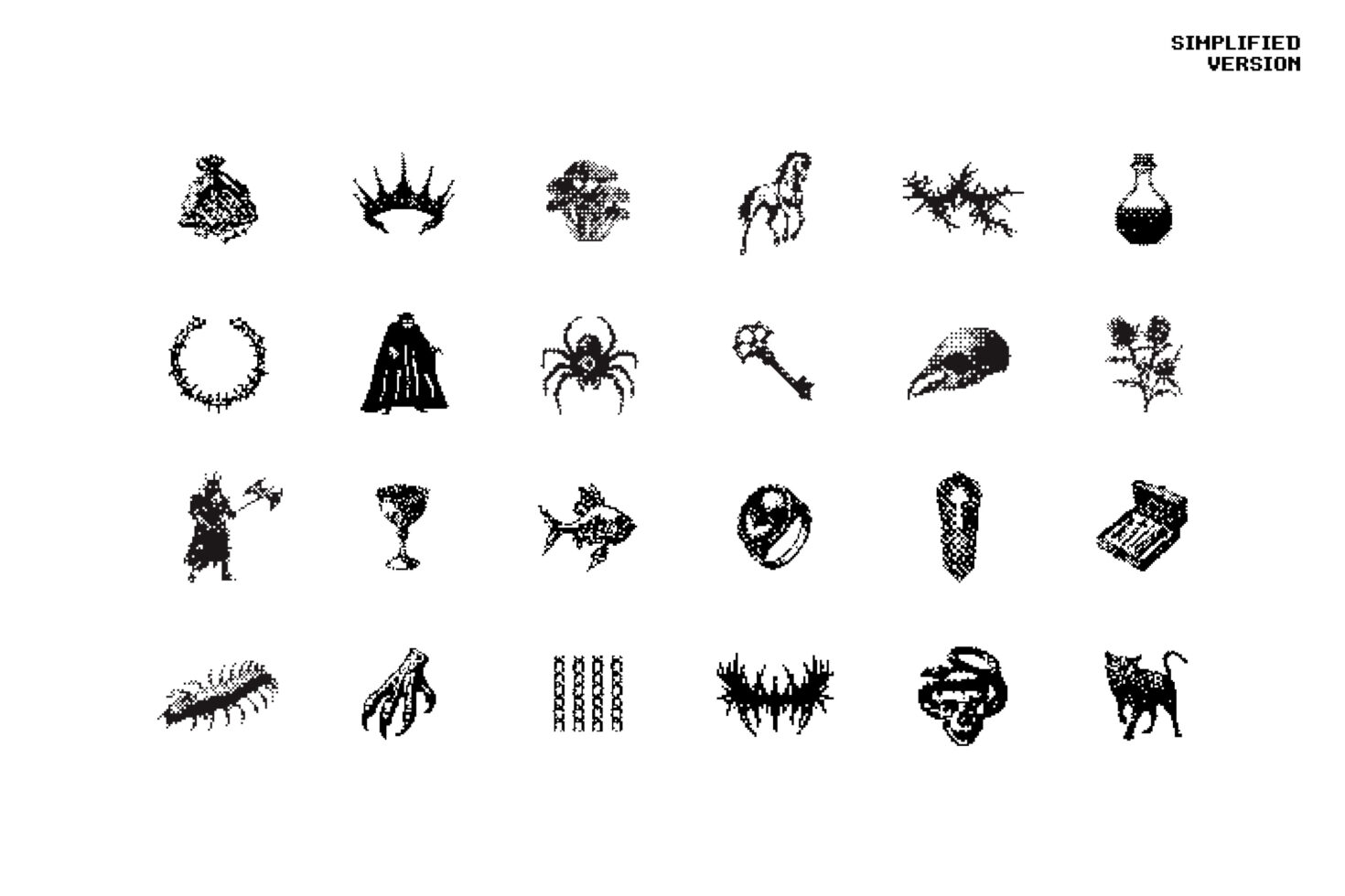 Set of 25 black and white icons featuring fantasy elements like skulls, animals, and weapons perfect for graphic design templates and digital assets.