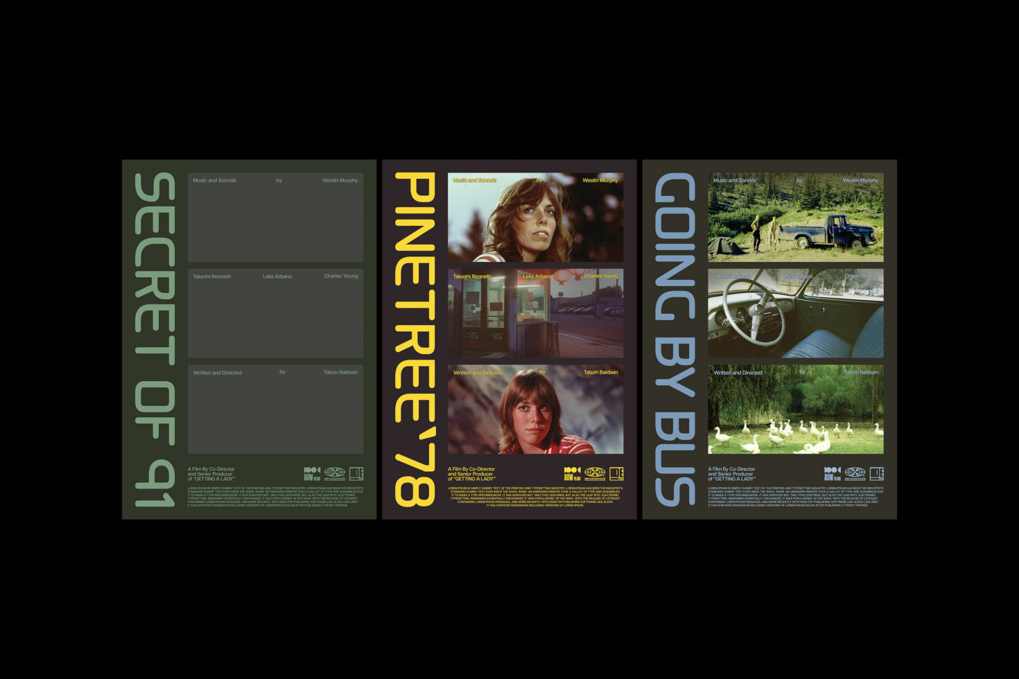 Three vintage film posters with bold titles: Secret of 91 Pinetree 78 Going by Bus. Ideal for designers seeking retro-inspired graphic templates.