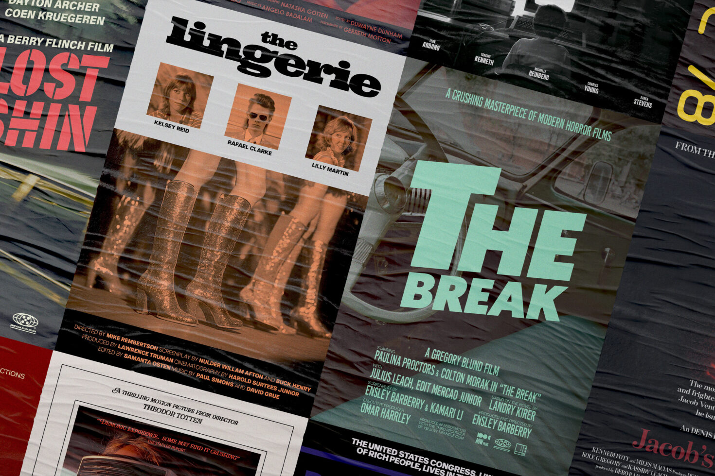 A collection of retro-styled movie poster templates featuring bold typography and vibrant colors, ideal for graphic design projects and creative mockups