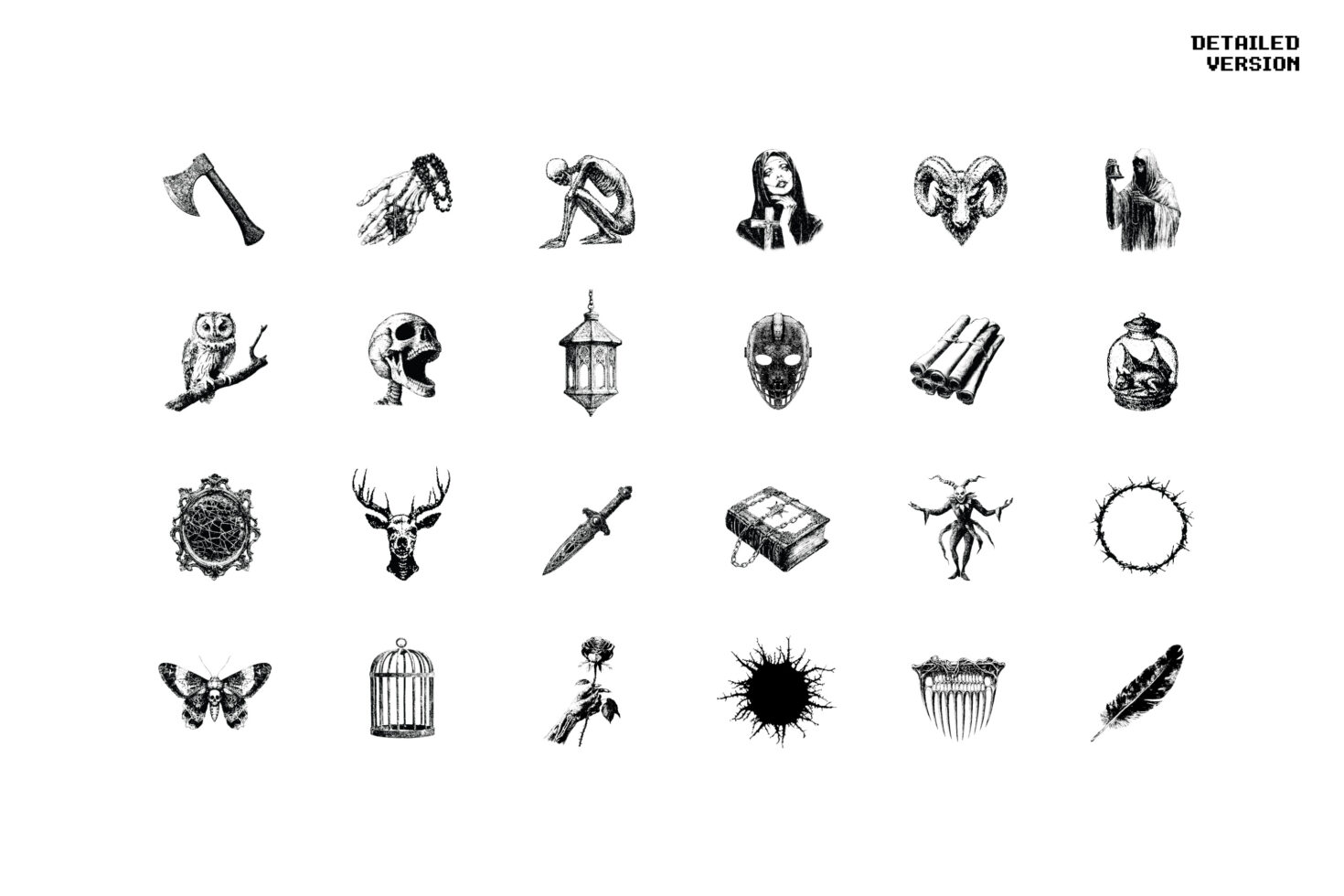 Black and white detailed illustrations featuring skulls, masks, animals, and mythical themes. Ideal for graphics designers, templates, digital assets.