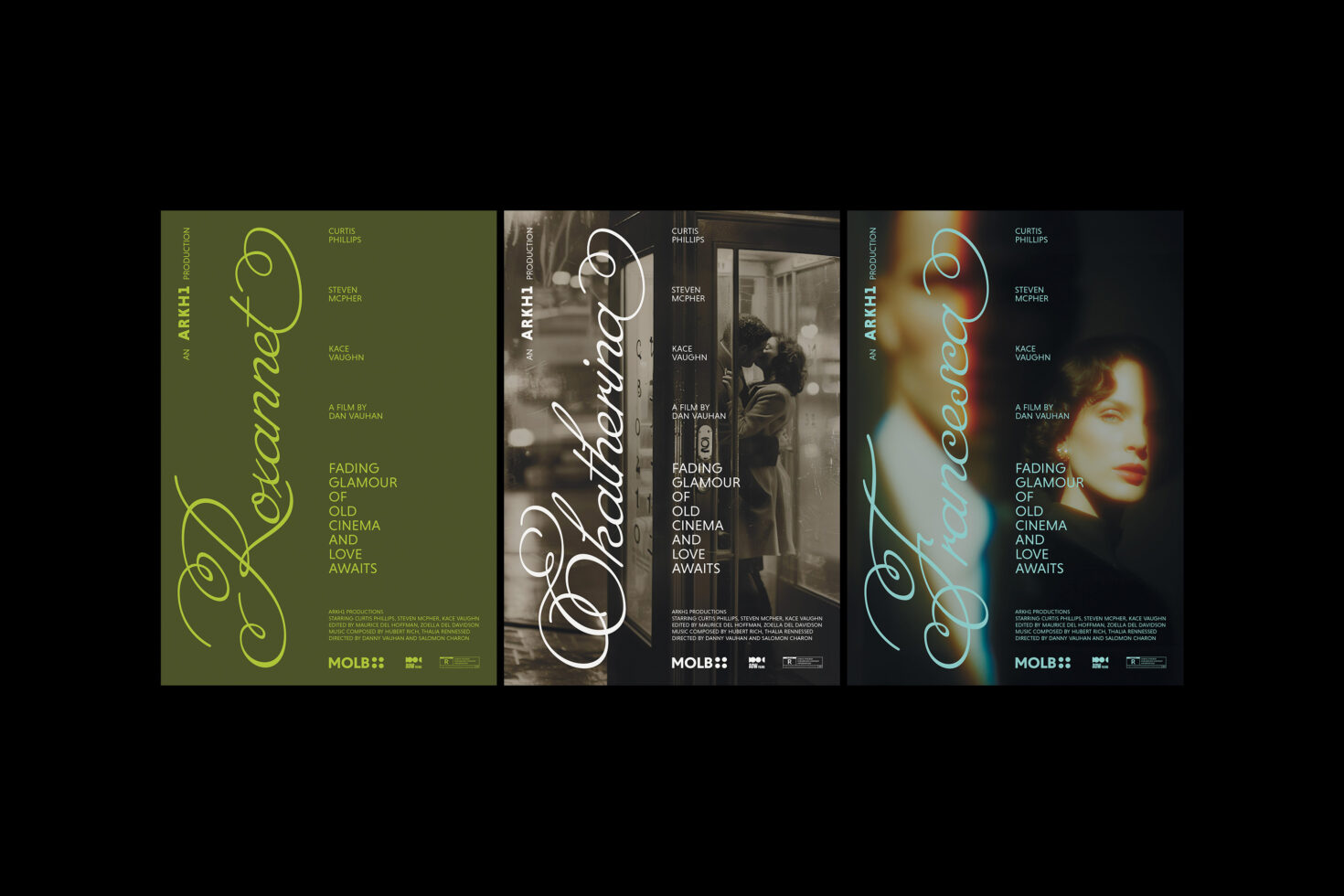 Three vintage-inspired movie poster templates featuring elegant script fonts and cinematic imagery. Perfect for designers seeking retro graphics and mockups.