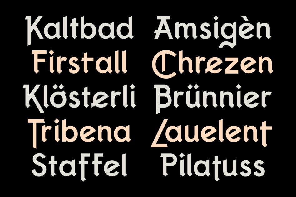 Blackletter font specimen with German place names on dark background