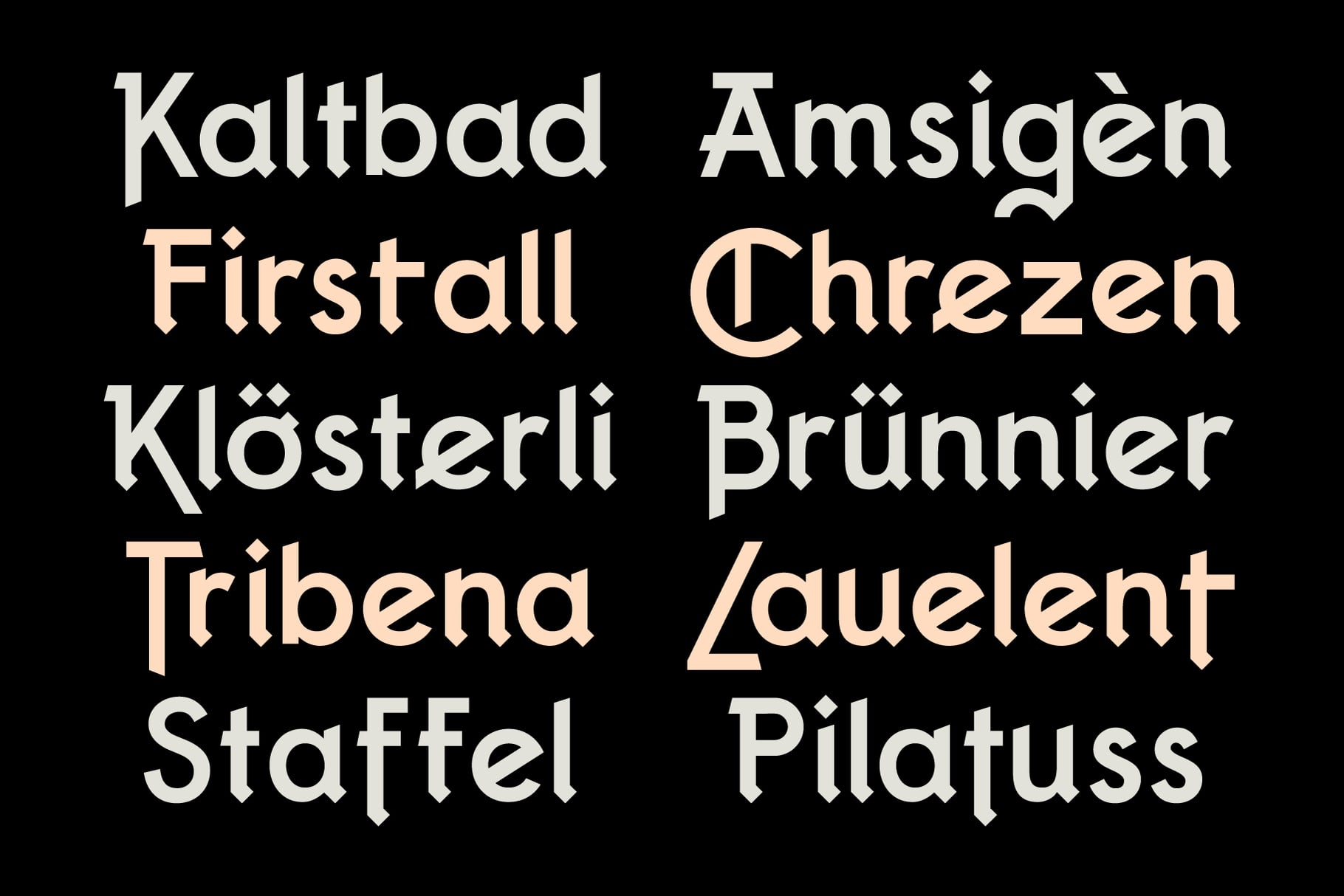 Blackletter font specimen with German place names on dark background