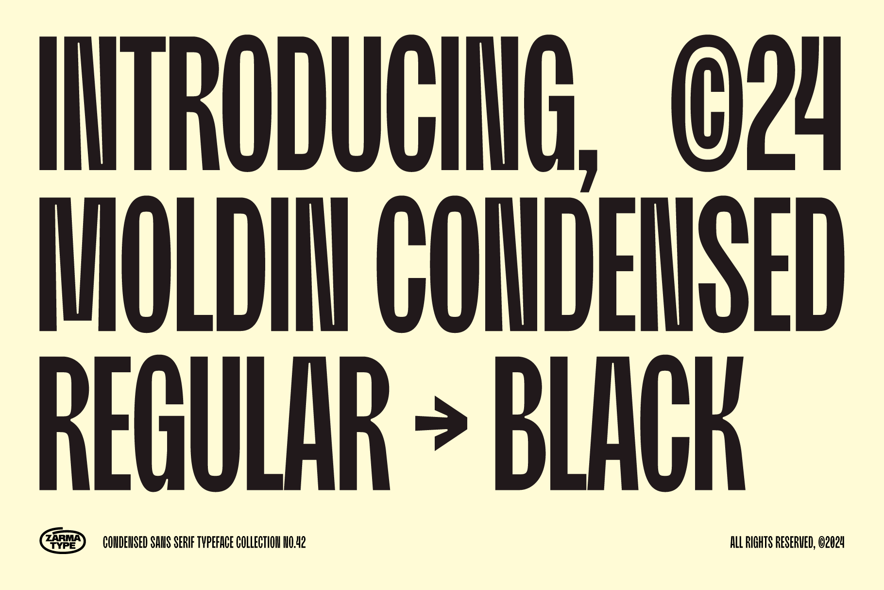 Introducing Moldin Condensed Regular to Black typeface from Zarma Type. Bold sans serif typography for graphic design and digital assets.