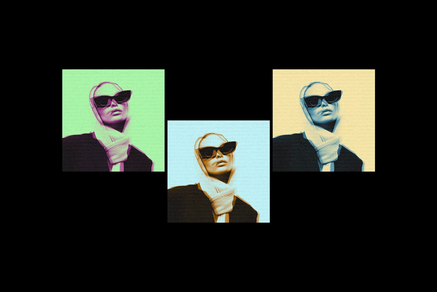 Pop art style three portraits in lime green, cream, light blue tones