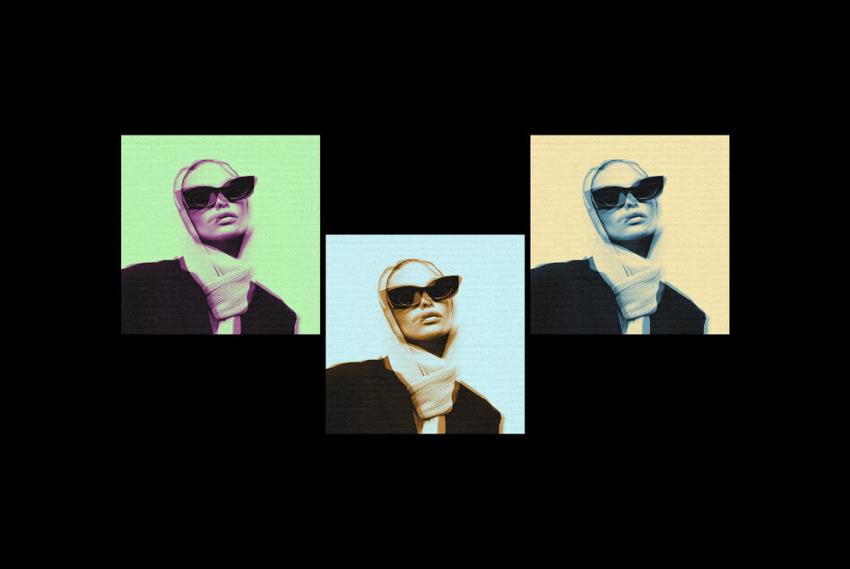 Pop art style three portraits in lime green, cream, light blue tones