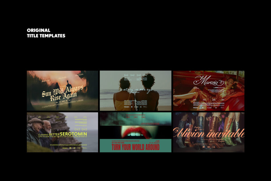 Assorted original title templates for designers showcasing cinematic typography. Includes six film-themed previews for creative graphic projects.