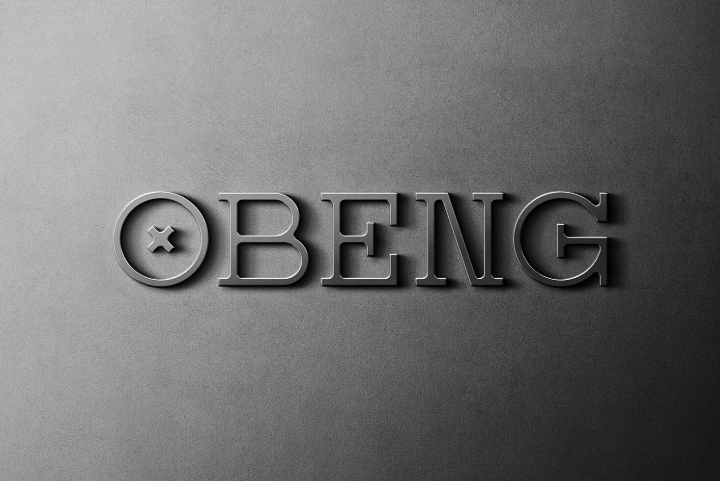 3D text mockup on textured gray background featuring the word OBENG ideal for showcasing typography and branding design in stylish metallic finish