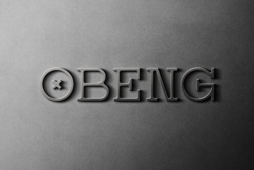 3D text mockup on textured gray background featuring the word OBENG ideal for showcasing typography and branding design in stylish metallic finish
