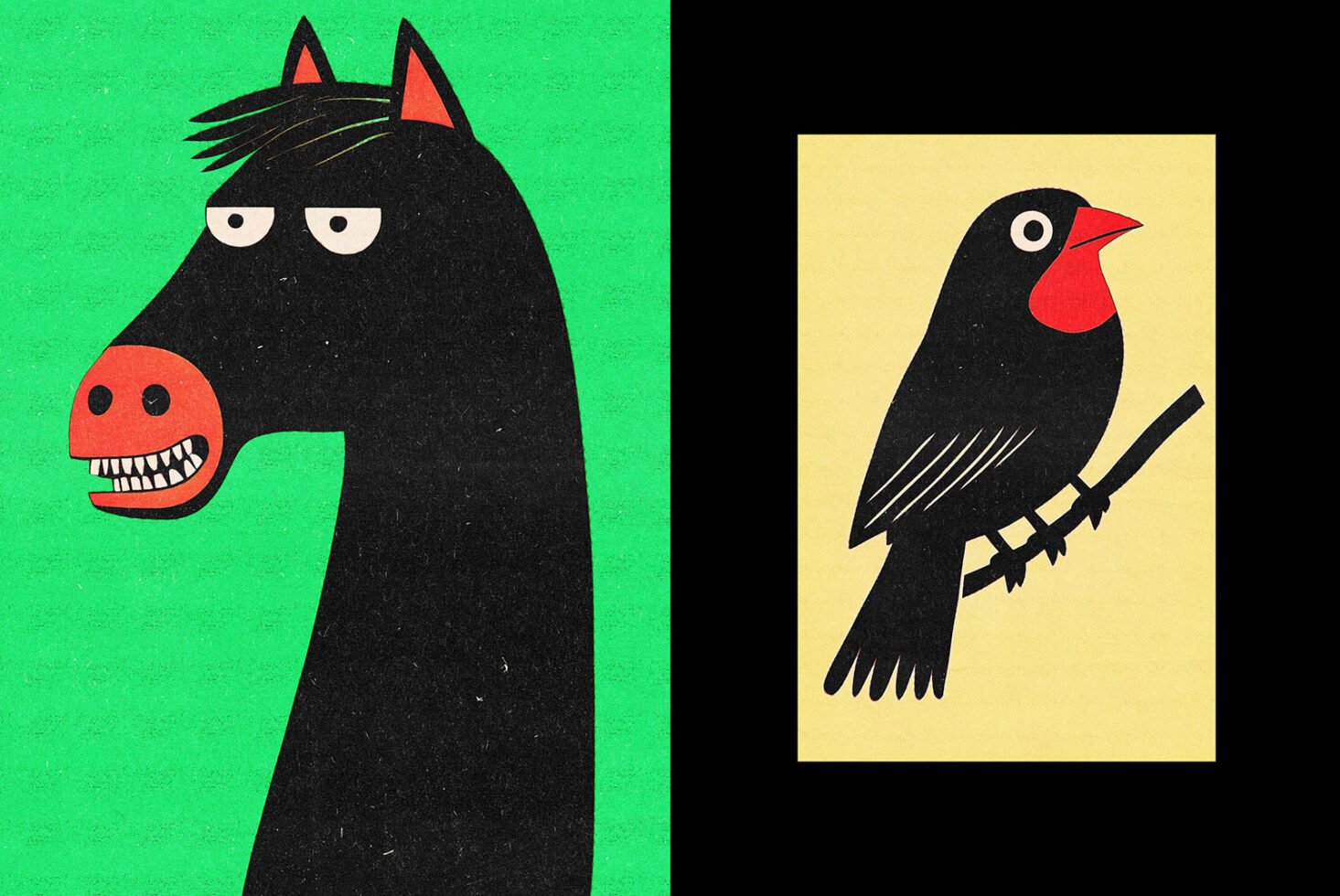 Illustration featuring a stylized horse with a vivid green background and a bird with red details on a yellow backdrop. Perfect for graphic design projects.