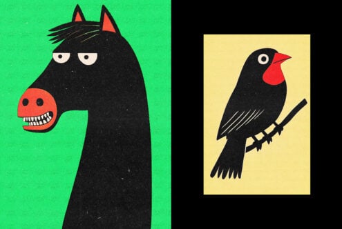 Illustration featuring a stylized horse with a vivid green background and a bird with red details on a yellow backdrop. Perfect for graphic design projects.