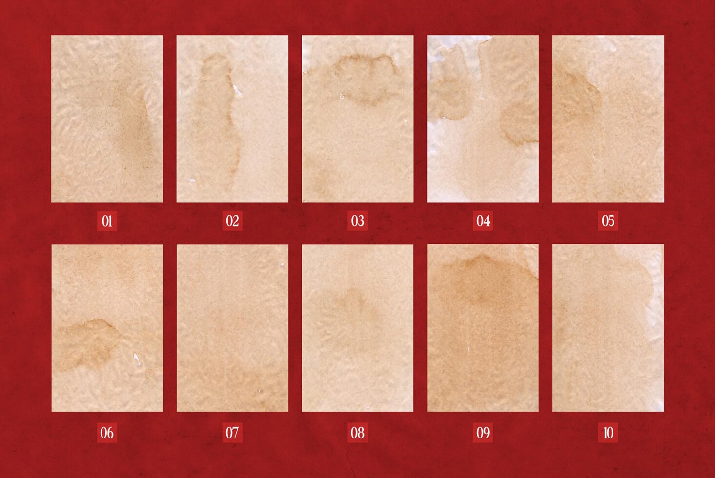 Set of 10 vintage paper textures with coffee stains on red background for digital designers. Ideal for mockups, graphic design, and templates.