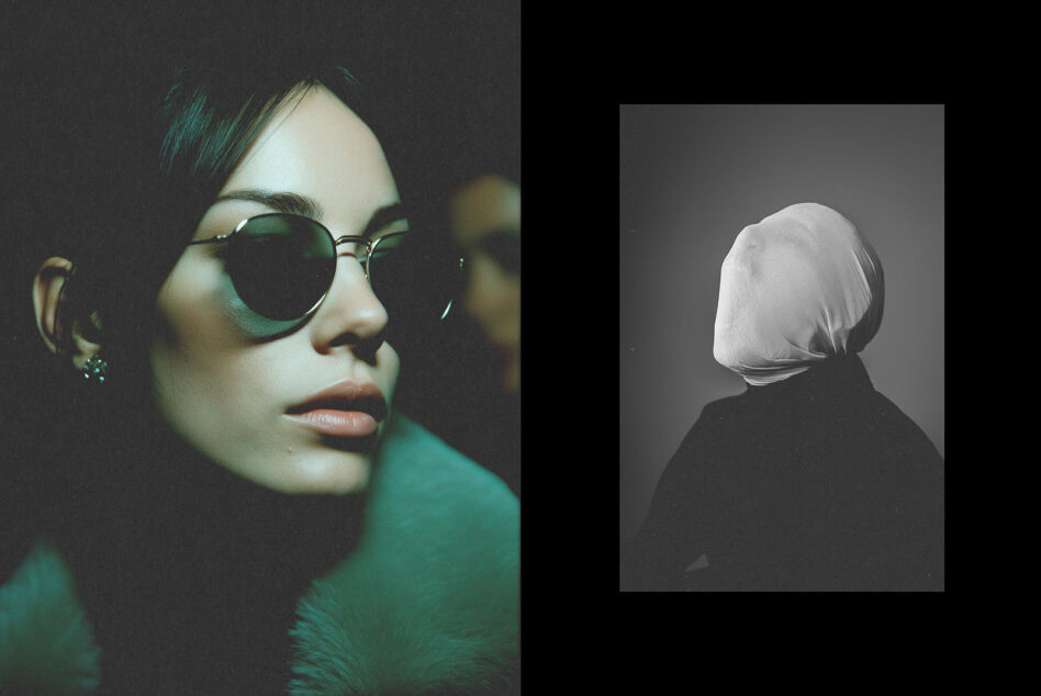 Portrait split showing person in round sunglasses with teal tint, figure in white headwrap on dark background
