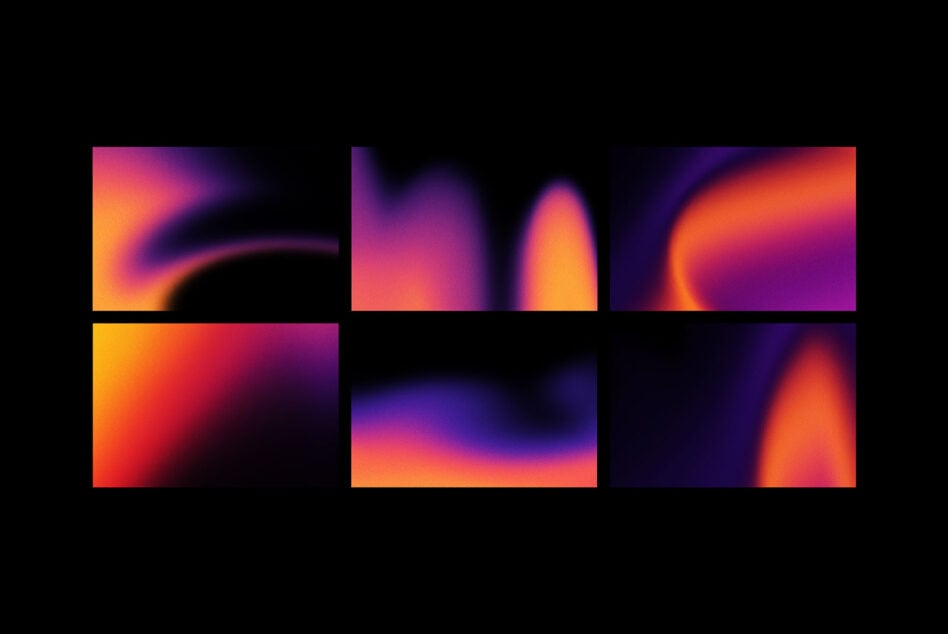 Six abstract gradient shapes with glowing edges in warm neon colors