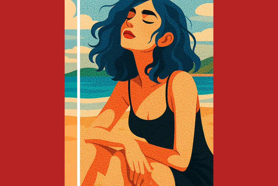 Retro illustration of woman in orange swimsuit sitting with striped beach background
