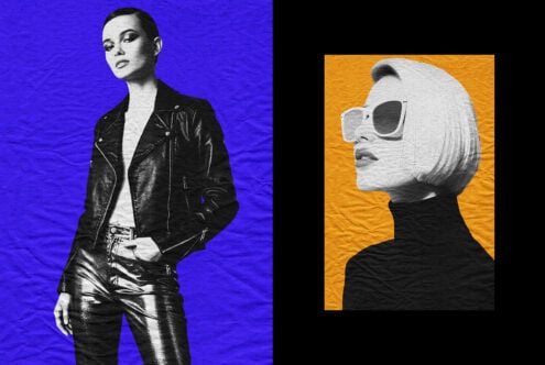 Two fashion portraits, leather jacket on blue, side profile sunglasses on orange