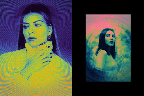 Dual neon portraits with halftone effect in vibrant colors on black background, ideal for graphic design projects, templates, creative resources.