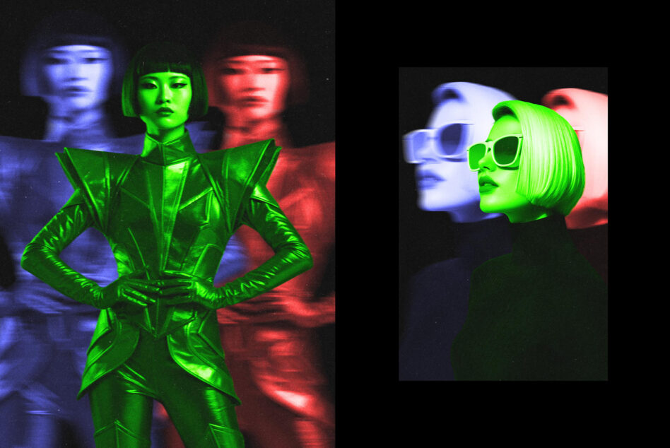 Two shots of neon woman in geometric suit, side profile with sunglasses