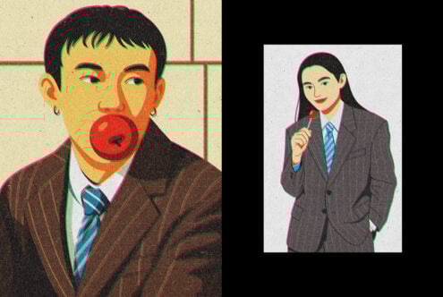 Retro pop art illustration of two characters in suits with bold colors. Ideal for graphic design and digital art projects. Vintage style inspiration.