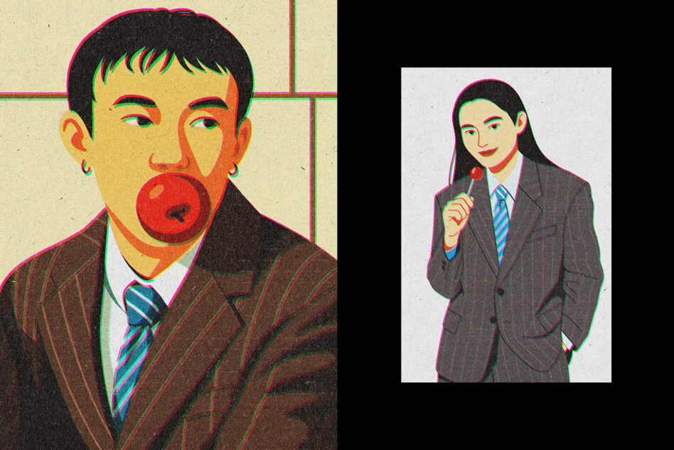 Business portraits showing man blowing bubble next to woman holding microphone